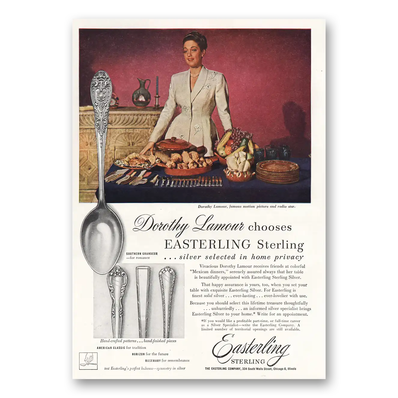 1949 Easterling Sterling Dorothy Lamour Vintage Magazine Print Ad