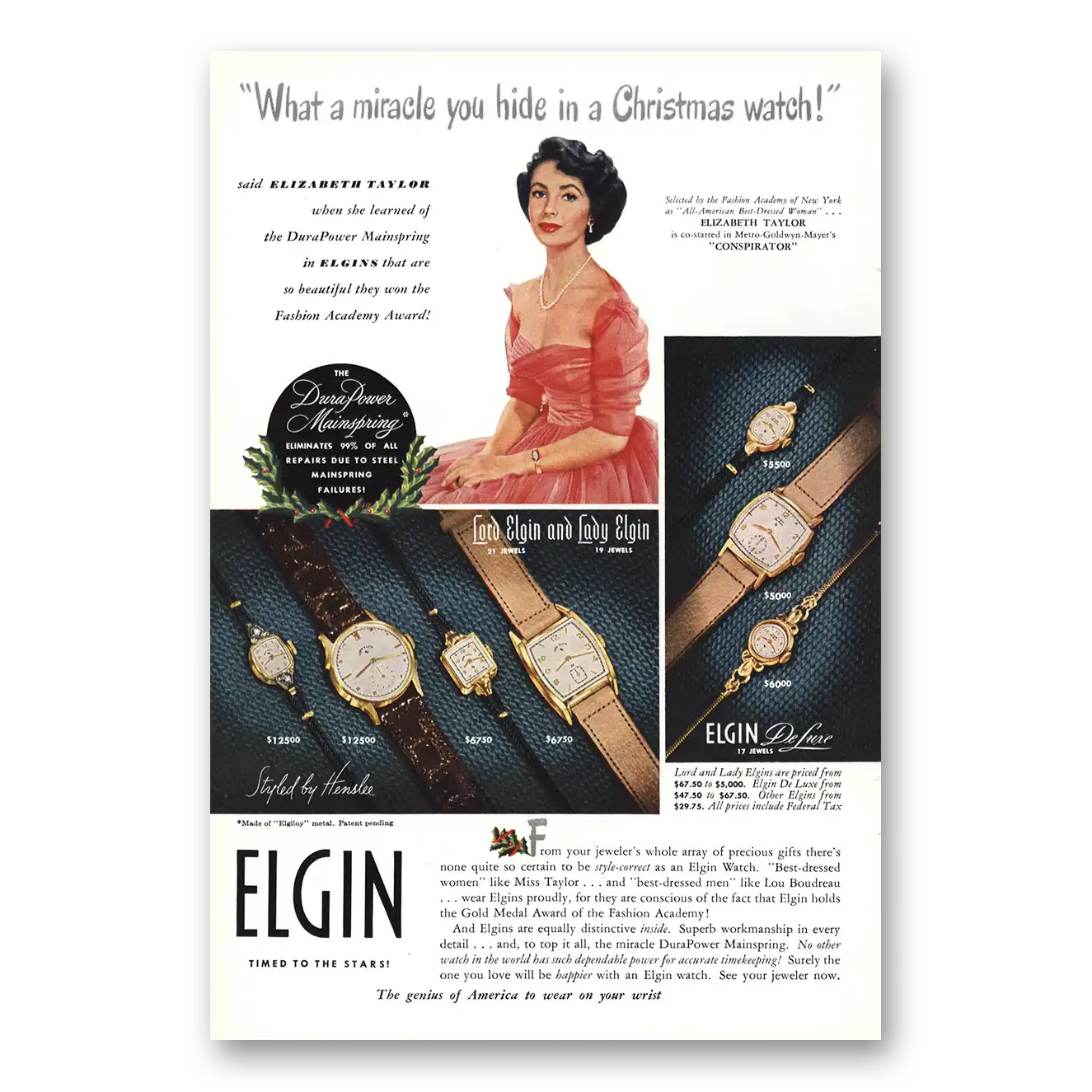 1949 Elgin Watch Christmas Elizabeth Taylor Vintage Magazine Print Ad