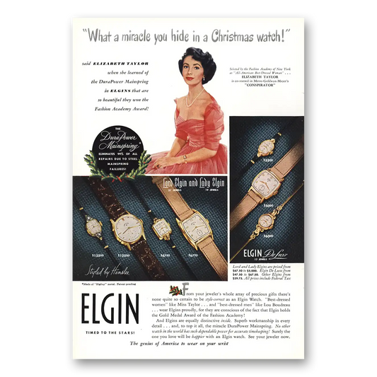 1949 Elgin Watch Christmas Elizabeth Taylor Vintage Magazine Print Ad