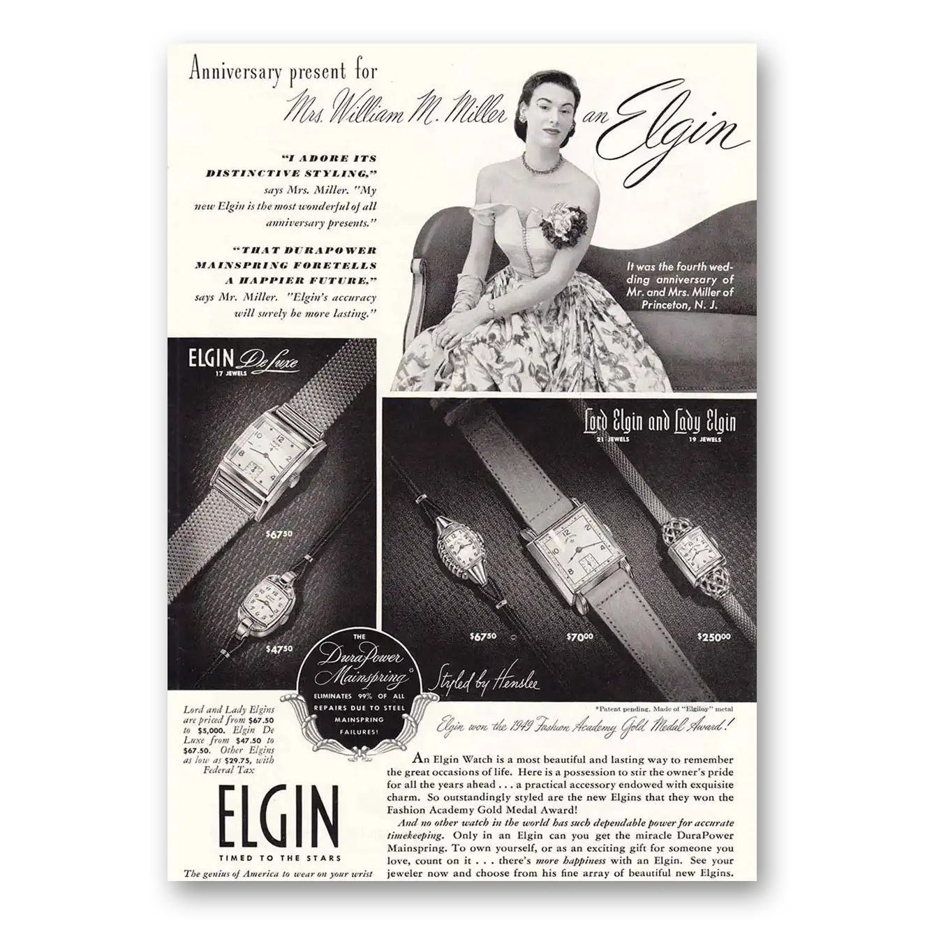 1949 Elgin Watch Mrs William Miller Vintage Magazine Print Ad