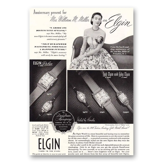 1949 Elgin Watch Mrs William Miller Vintage Magazine Print Ad