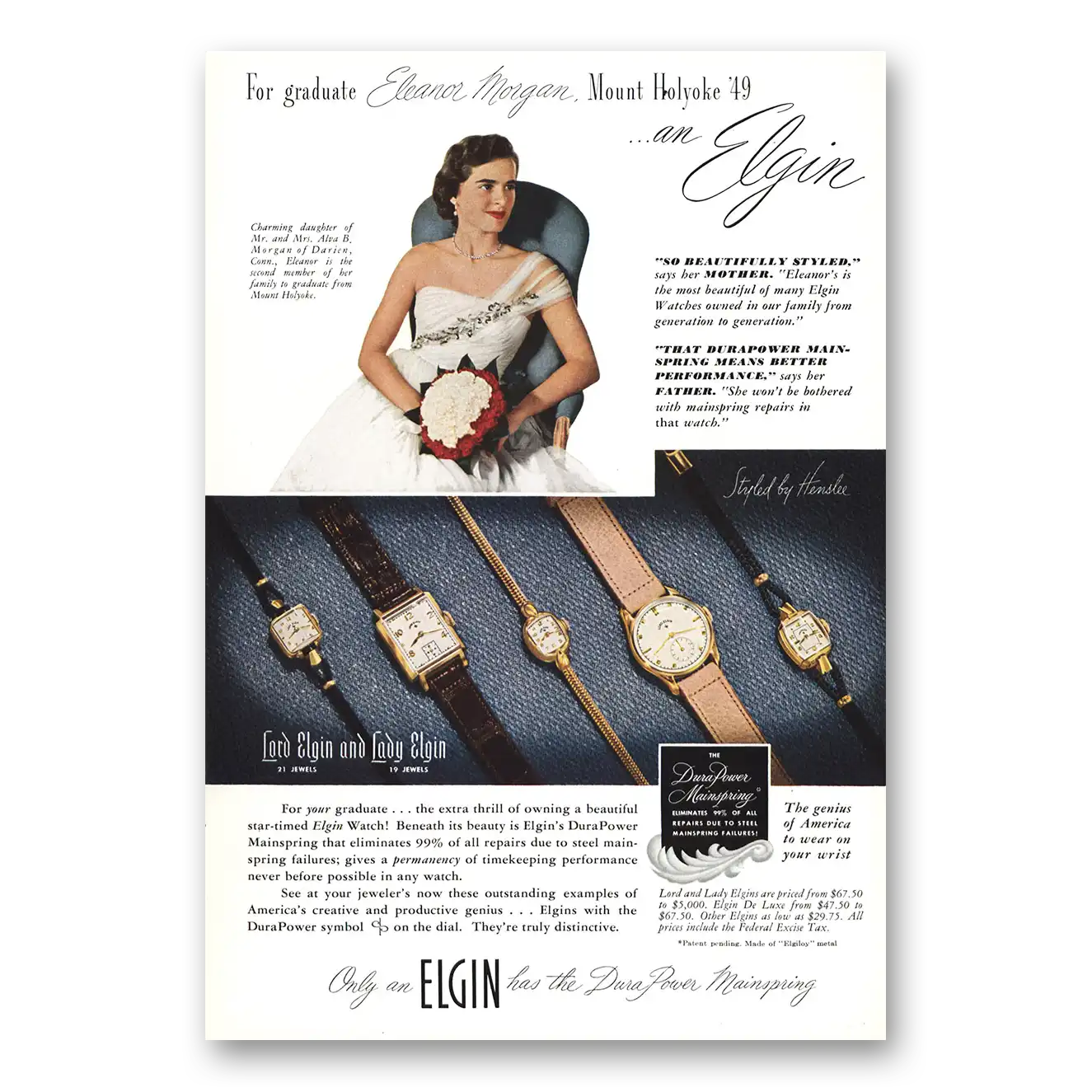 1949 Elgin Watch Eleanor Morgan Mount Holyoke Vintage Magazine Print Ad