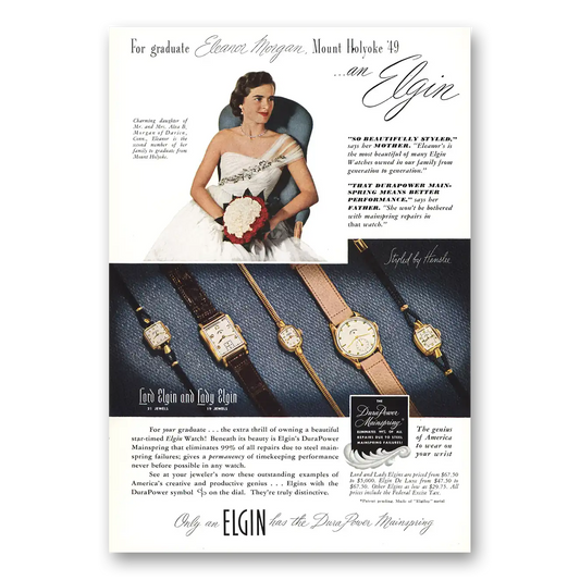 1949 Elgin Watch Eleanor Morgan Mount Holyoke Vintage Magazine Print Ad