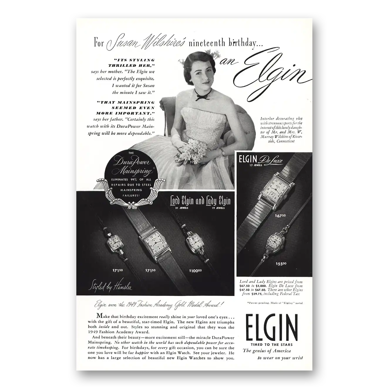 1949 Elgin Watch Susan Wilshire Vintage Magazine Print Ad