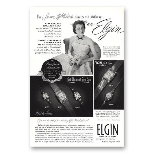 1949 Elgin Watch Susan Wilshire Vintage Magazine Print Ad