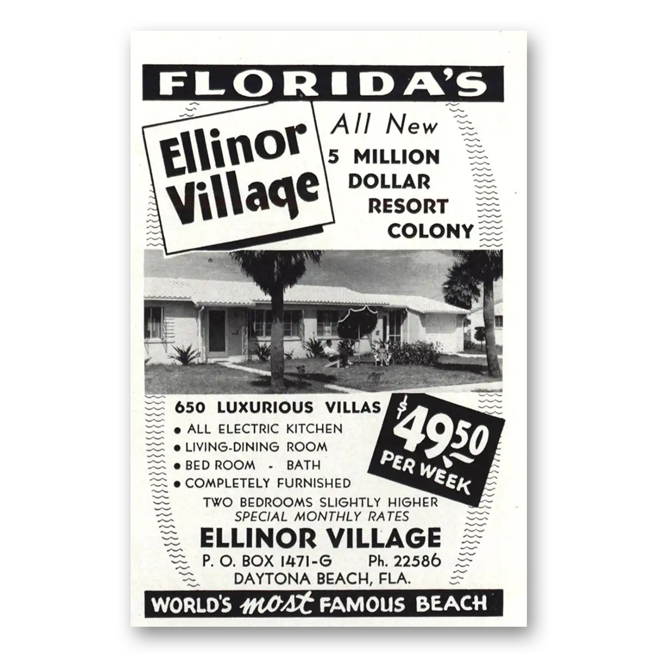 1949 Ellinor Village Daytona Beach Florida Vintage Magazine Print Ad