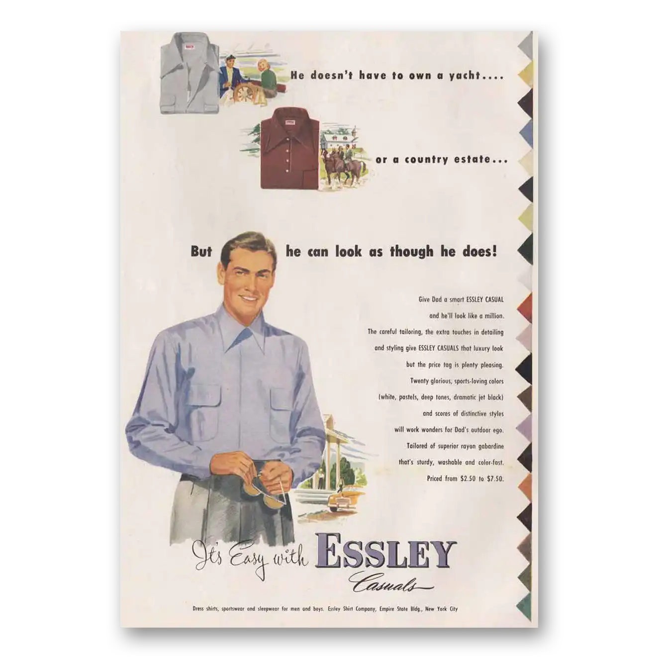 1949 Essley Shirts He Doesn’t Have To Own a Yacht Vintage Magazine Print Ad