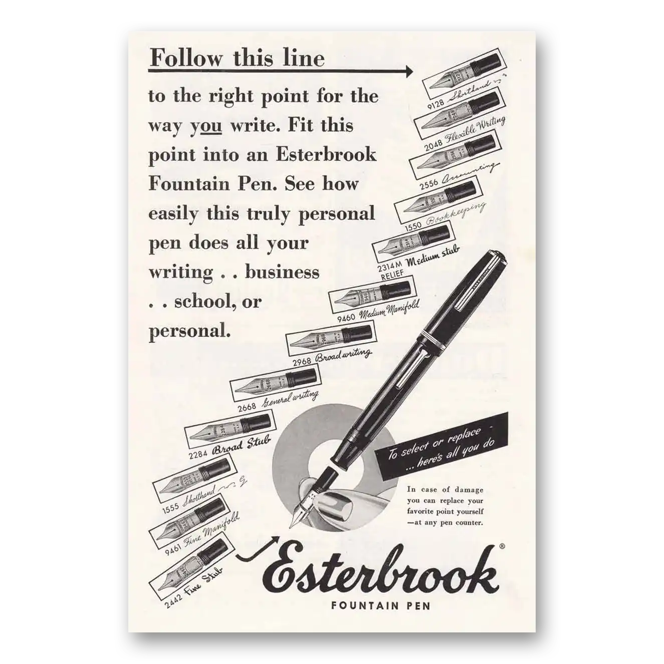 1949 Esterbrook Fountain Pen Follow This Line Vintage Magazine Print Ad