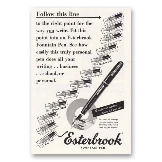 1949 Esterbrook Fountain Pen Follow This Line Vintage Magazine Print Ad