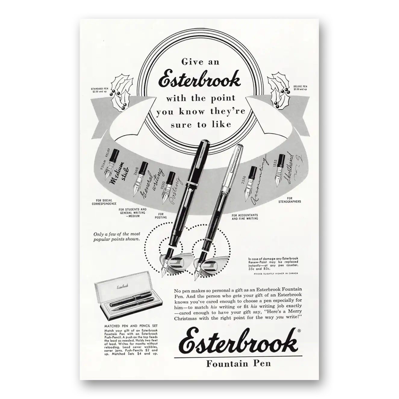 1949 Esterbrook Fountain Pen With the Point You Know They're Sure to Like Vintage Magazine Print Ad