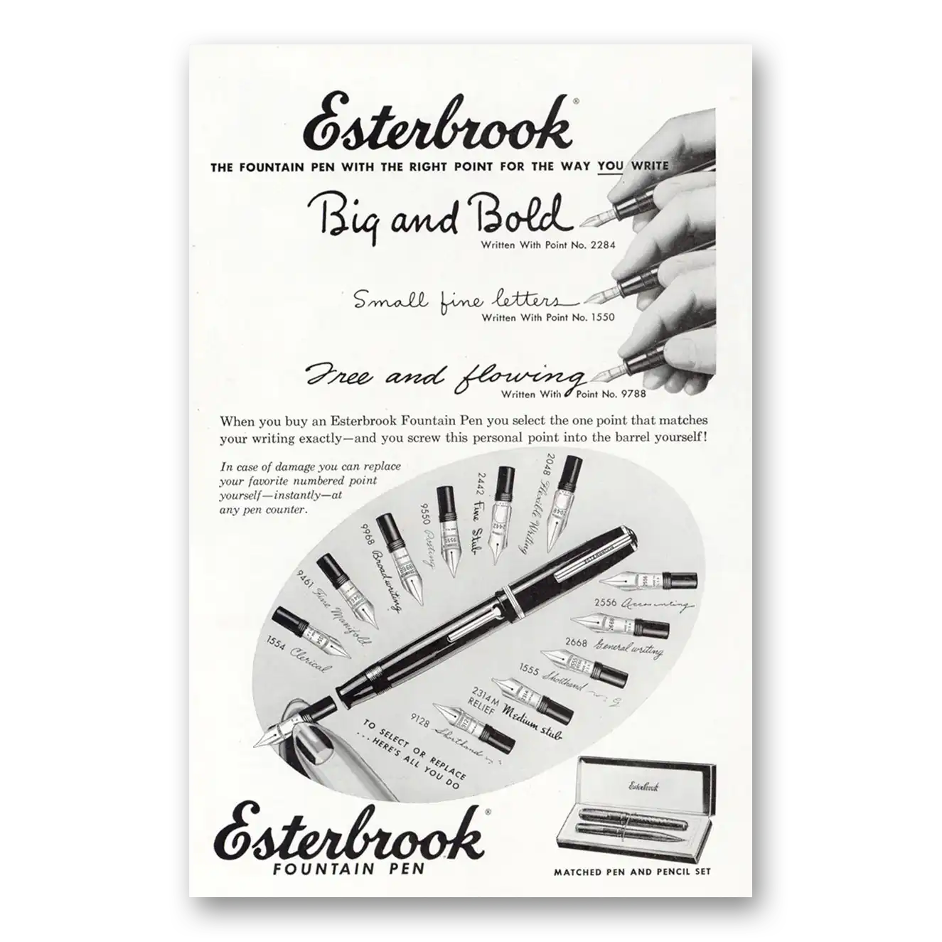 1949 Esterbrook Fountain Pen Big and Bold Vintage Magazine Print Ad