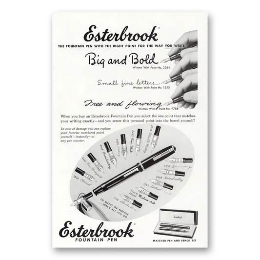 1949 Esterbrook Fountain Pen Big and Bold Vintage Magazine Print Ad