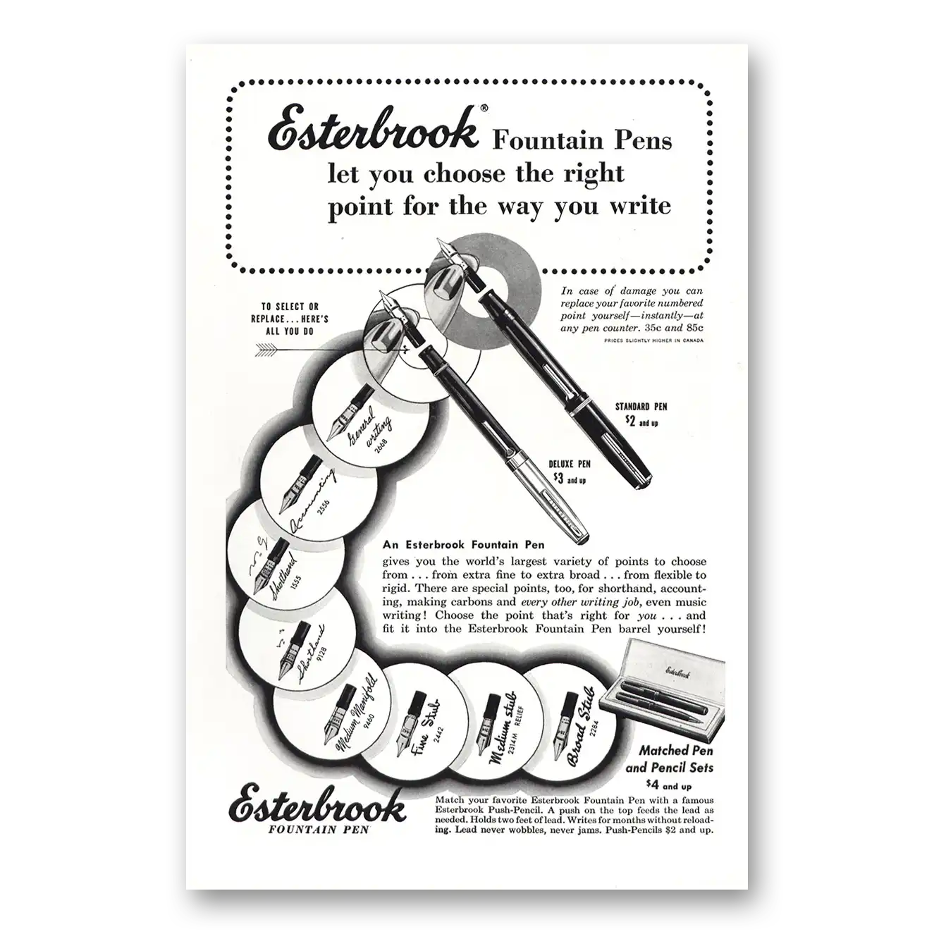 1949 Esterbrook Fountain Pen Choose the Right Point Vintage Magazine Print Ad