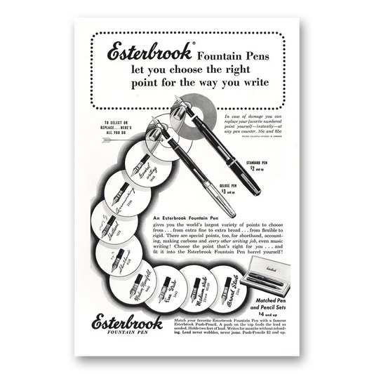 1949 Esterbrook Fountain Pen Choose the Right Point Vintage Magazine Print Ad