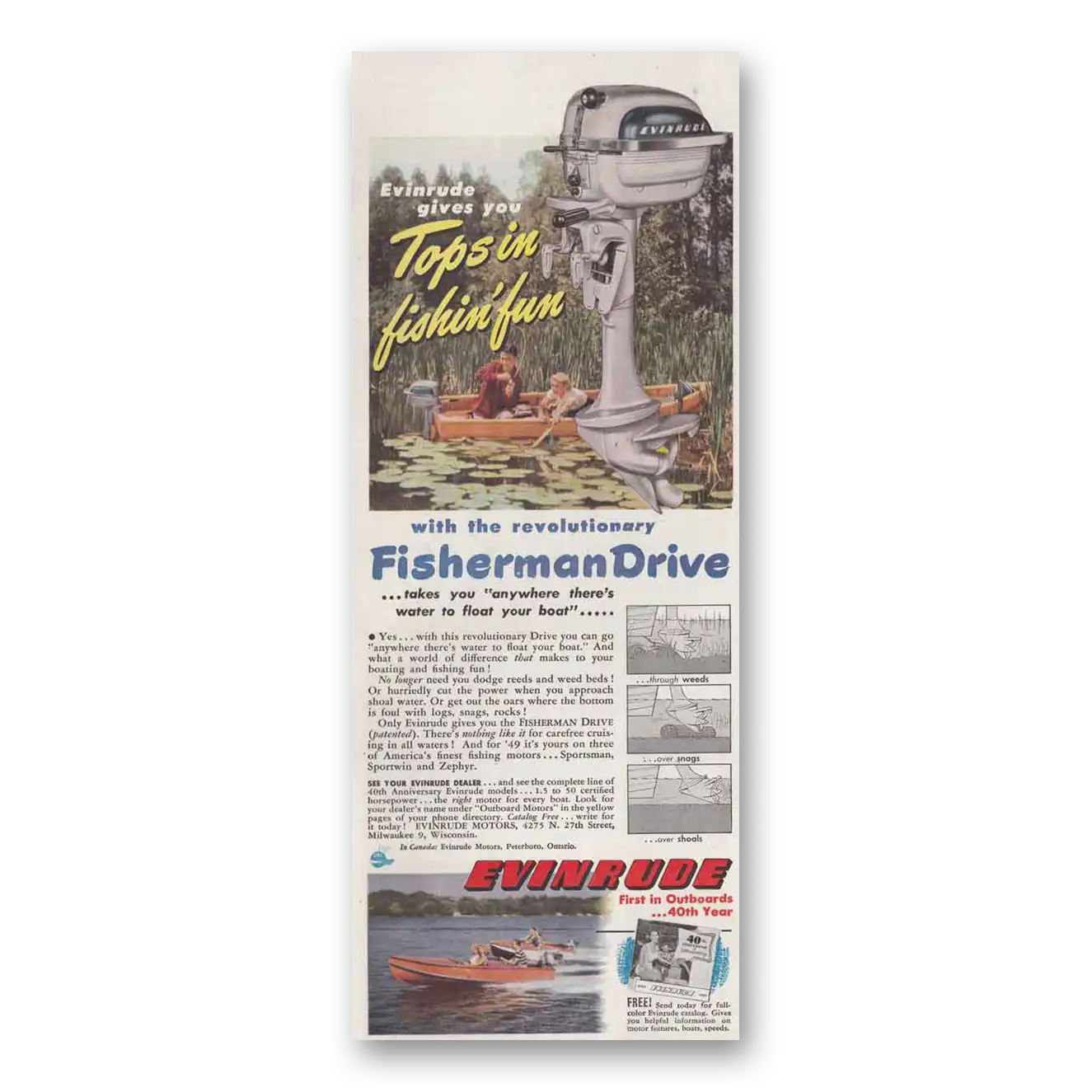 1949 Evinrude Tops in Fishin Fun Vintage Magazine Print Ad