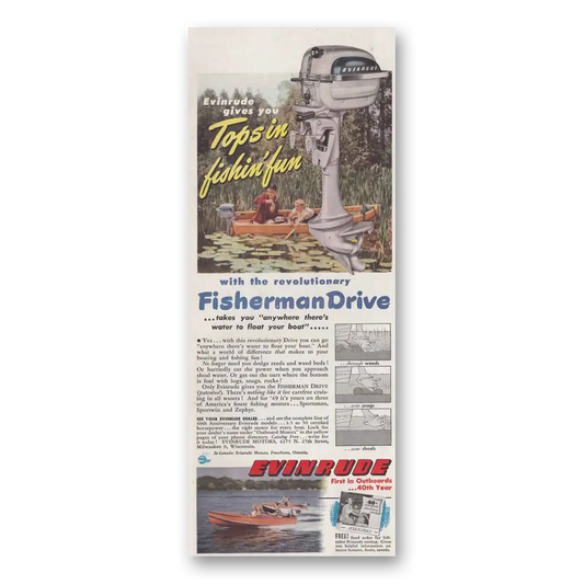 1949 Evinrude Tops in Fishin Fun Vintage Magazine Print Ad