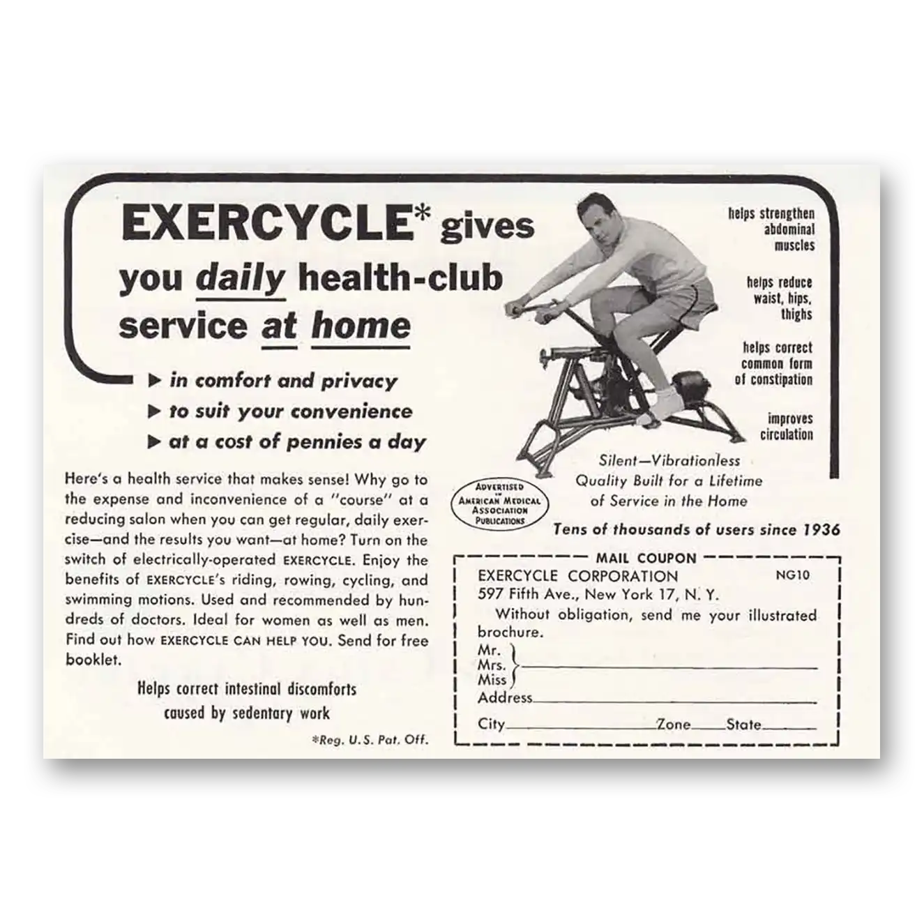 1949 Exercycle Daily Health Club Service at Home Vintage Magazine Print Ad