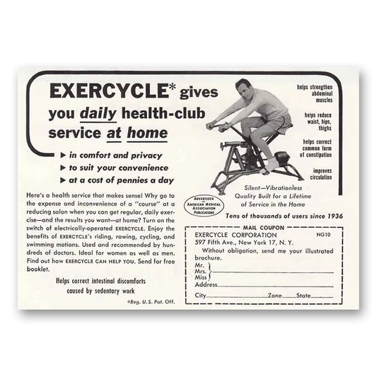 1949 Exercycle Daily Health Club Service at Home Vintage Magazine Print Ad