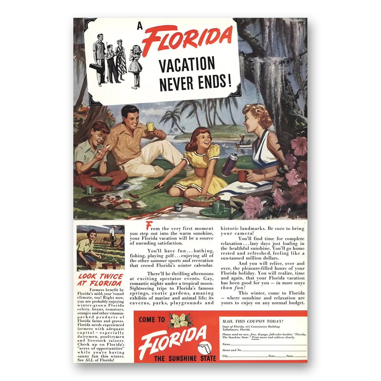 1949 Florida Picnic Vintage Magazine Print Ad