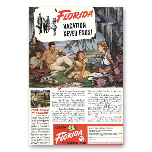 1949 Florida Picnic Vintage Magazine Print Ad