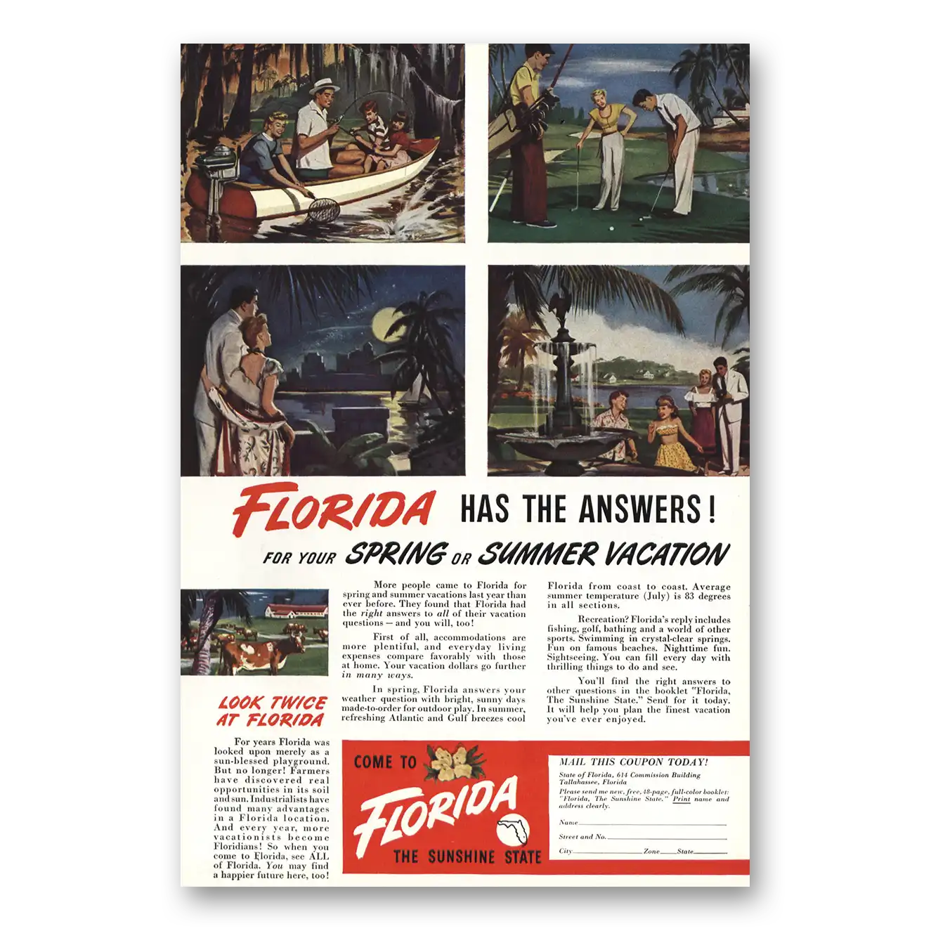 1949 Florida Has the Answers Spring or Summer Vacation Vintage Magazine Print Ad