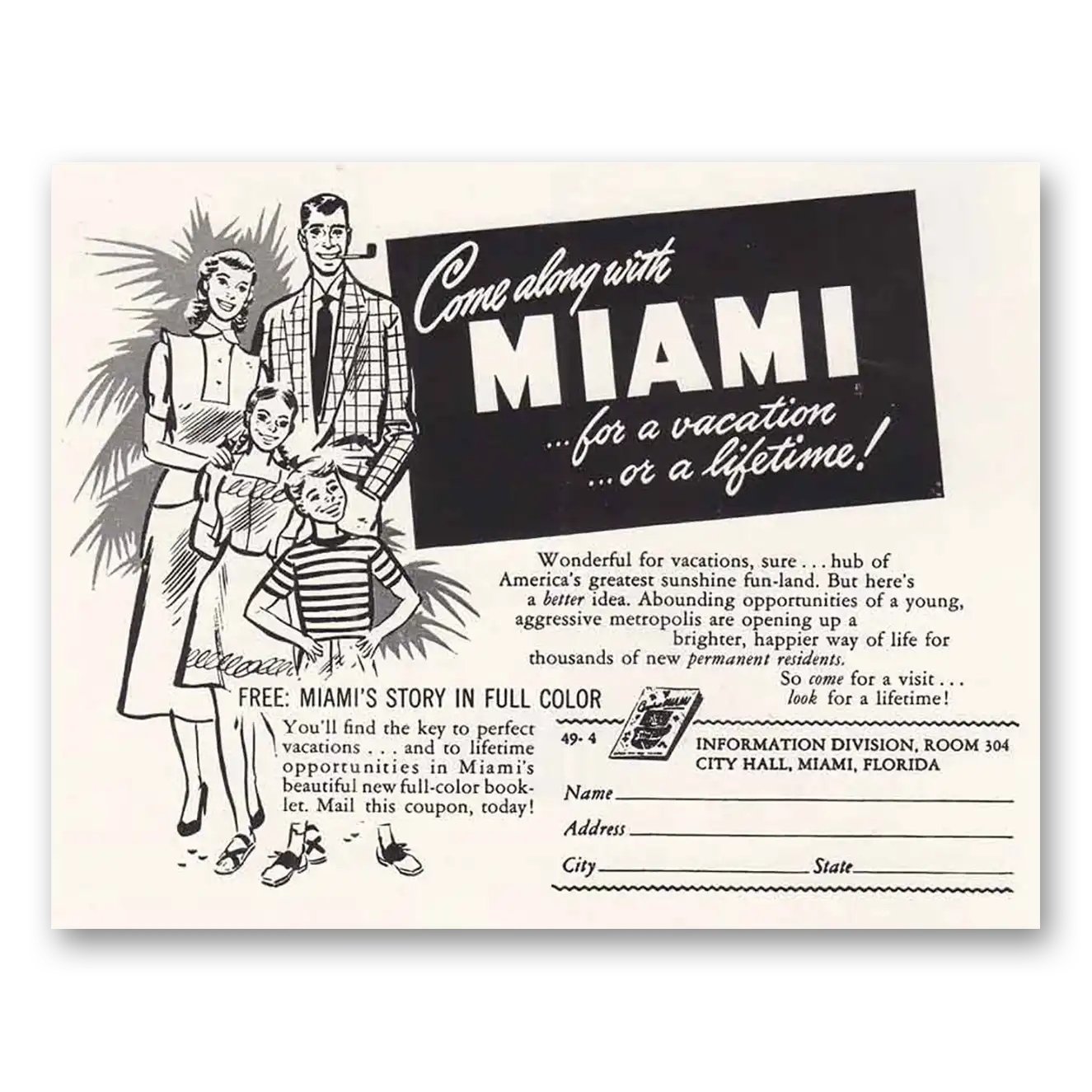 1949 Miami Florida Come Along with Miami Vintage Magazine Print Ad