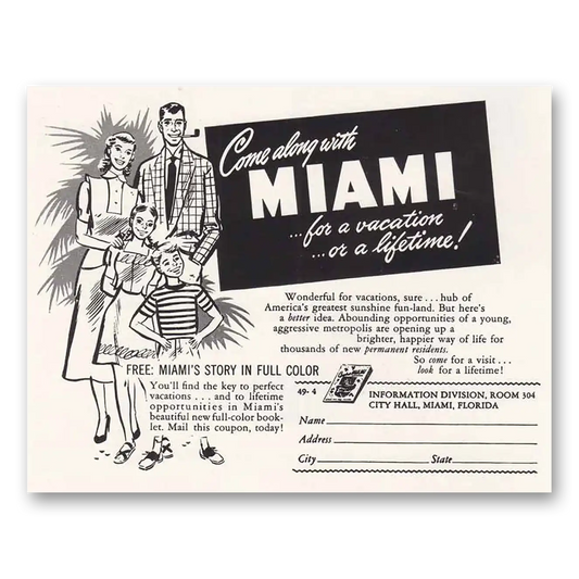 1949 Miami Florida Come Along with Miami Vintage Magazine Print Ad