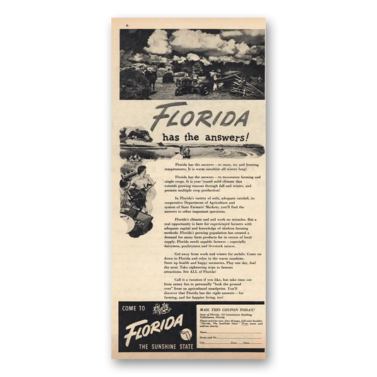 1949 Florida Florida Has the Answers Vintage Magazine Print Ad