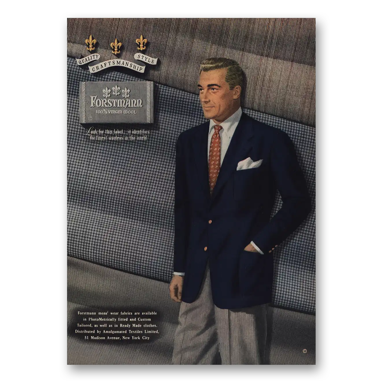 1949 Forstmann Wool Mens Suit and Tie Vintage Magazine Print Ad