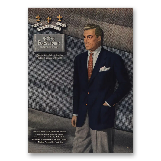 1949 Forstmann Wool Mens Suit and Tie Vintage Magazine Print Ad