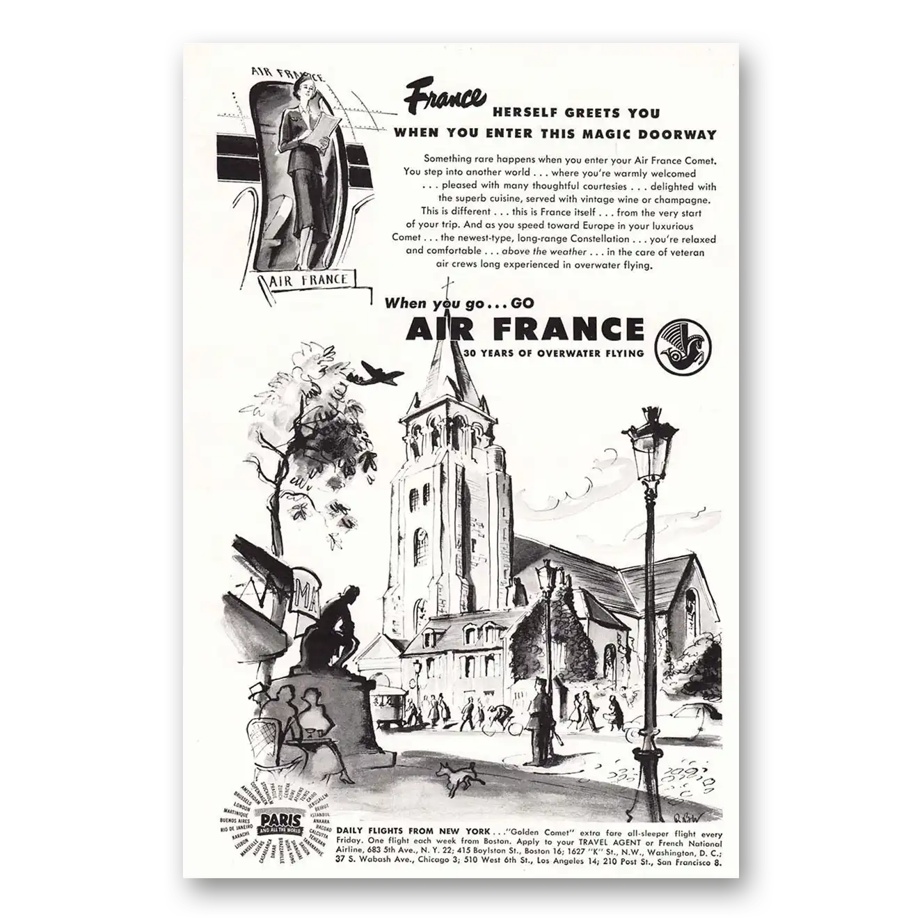 1949 Air France France Herself Greets You Vintage Magazine Print Ad