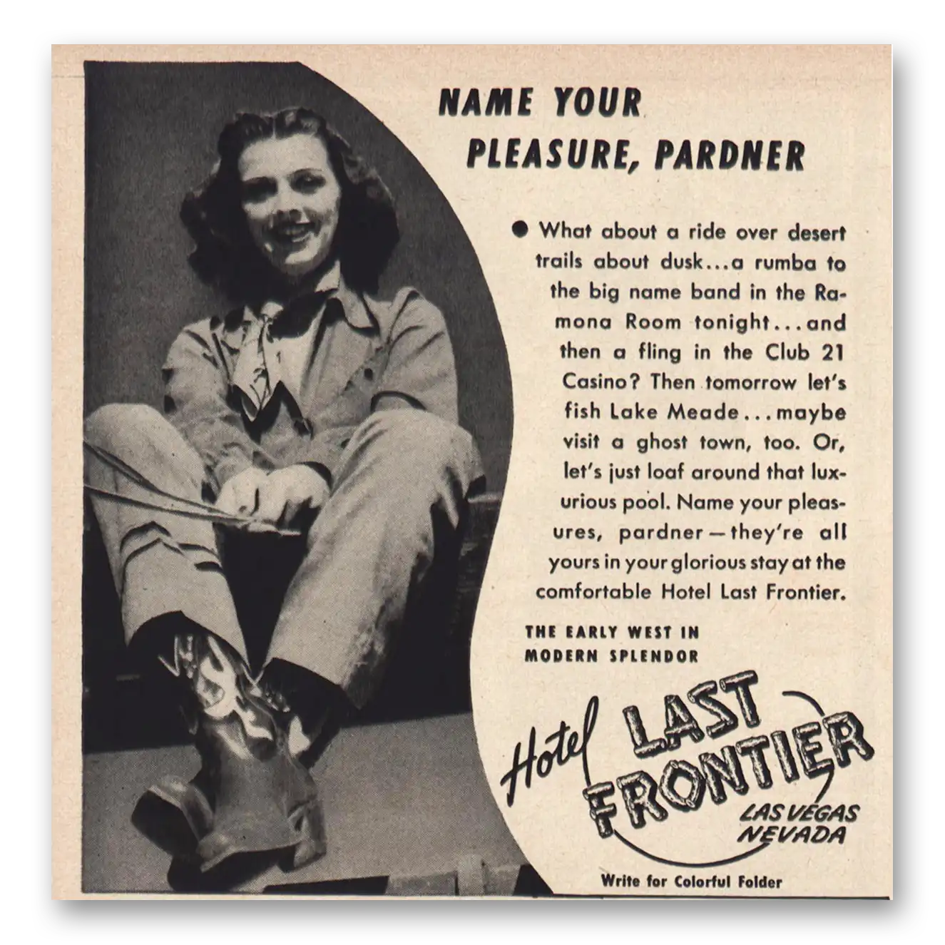 1949 Hotel Last Frontier Name Your Pleasure Pardner Vintage Magazine Print Ad