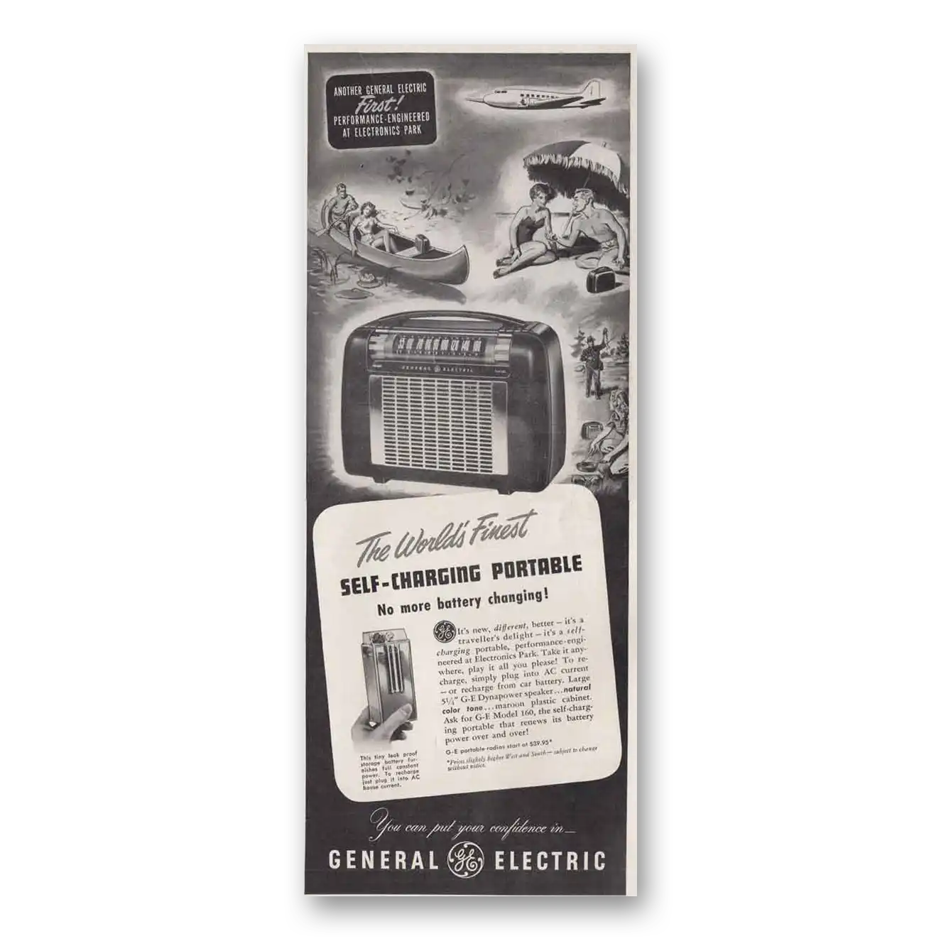 1949 General Electric Radio Portable Radio Self Charging Vintage Magazine Print Ad