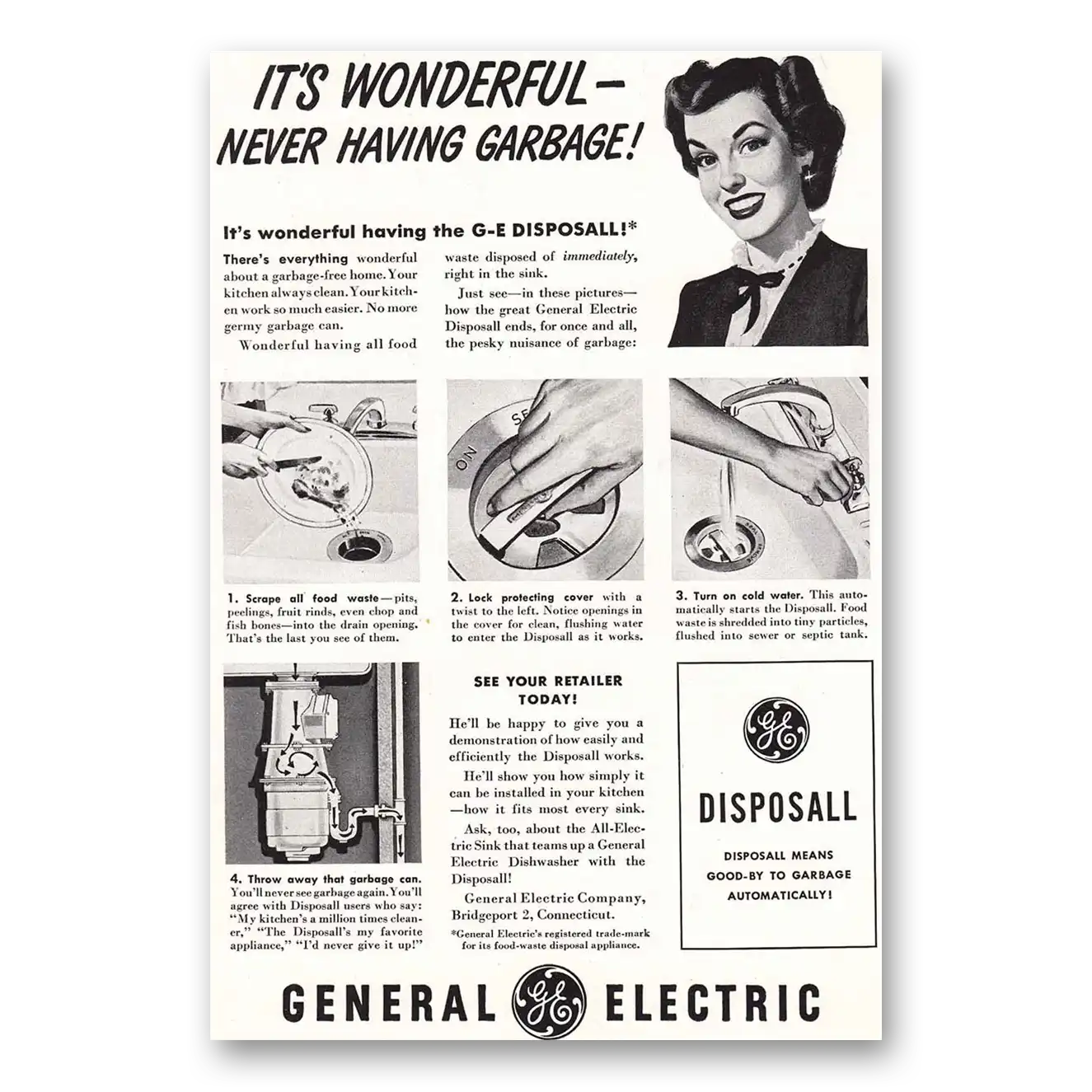 1949 General Electric Garbage Disposal Disposal Its Wonderful Never Having Garbage Vintage Magazine Print Ad