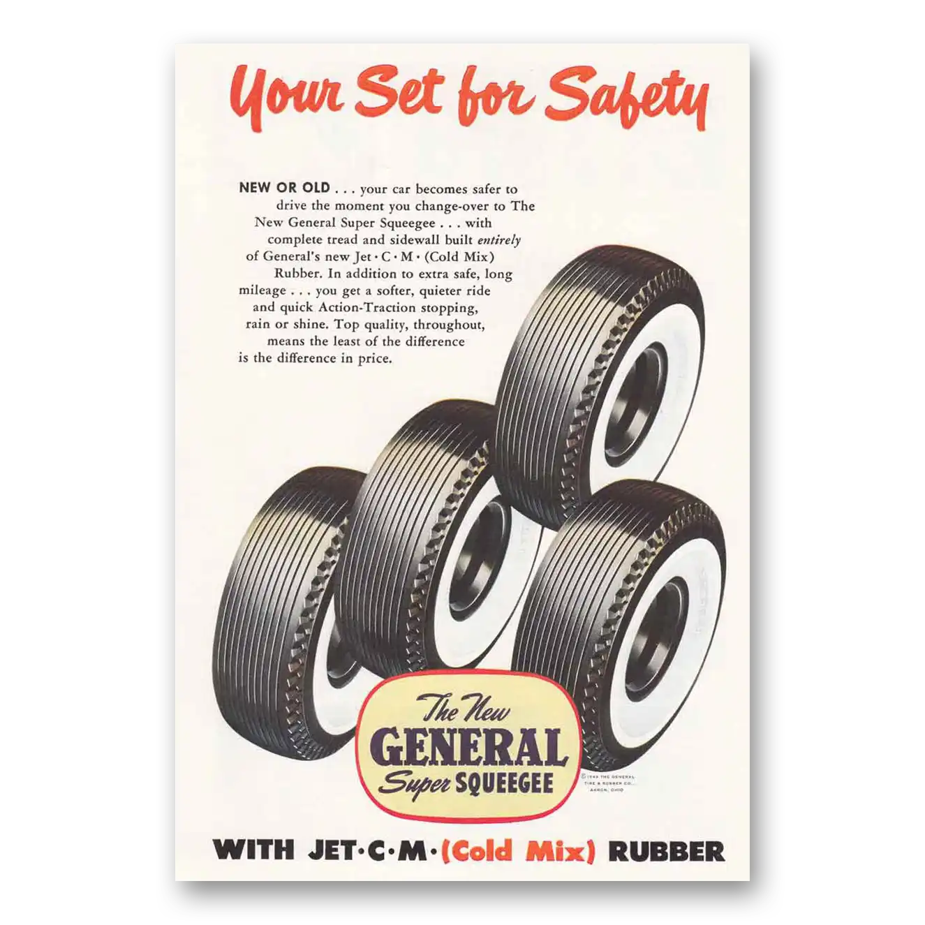 1949 General Tire Super Squeegee Tire Set for Safety Vintage Magazine Print Ad