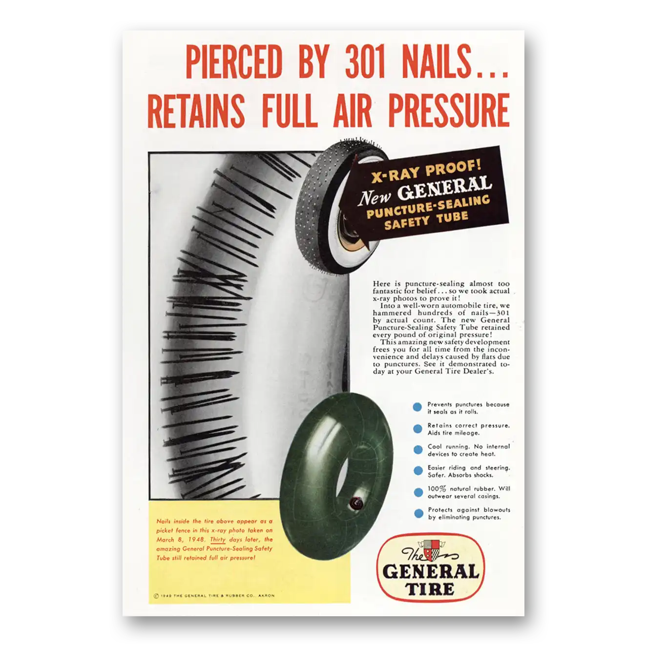 1949 General Tire Pierced by 301 Nails Vintage Magazine Print Ad