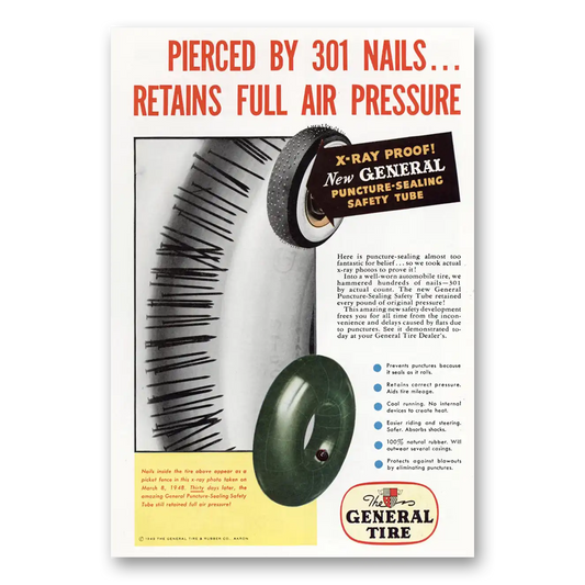 1949 General Tire Pierced by 301 Nails Vintage Magazine Print Ad