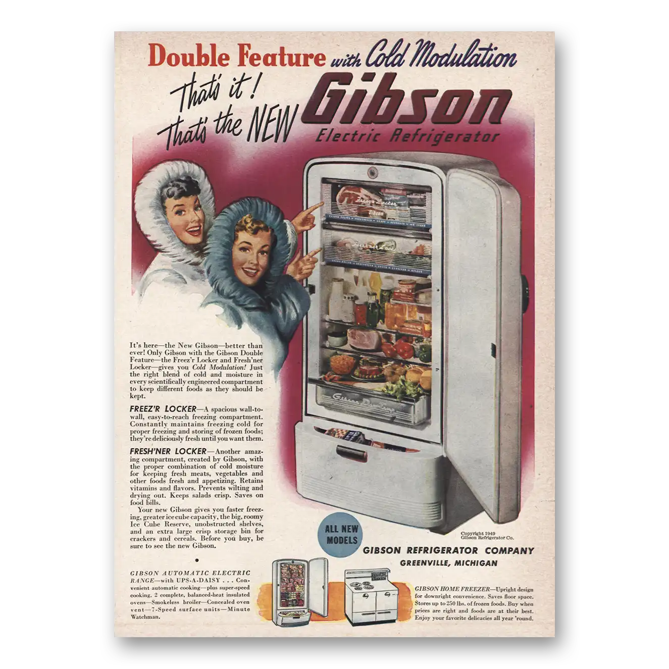 1949 Gibson Refrigerator Cold Modulation Vintage Magazine Print Ad