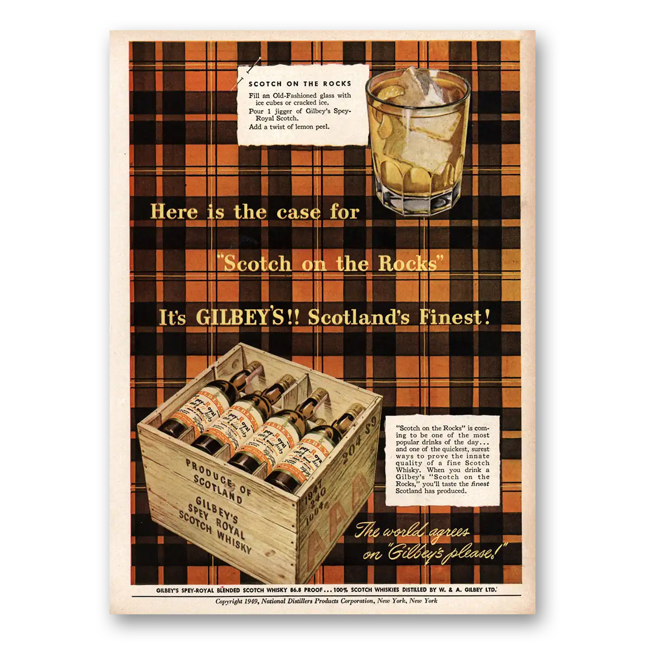 1949 Gilbeys Whisky Here Is the Case Scotch On the Rocks Vintage Magazine Print Ad