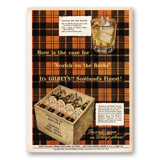 1949 Gilbeys Whisky Here Is the Case Scotch On the Rocks Vintage Magazine Print Ad