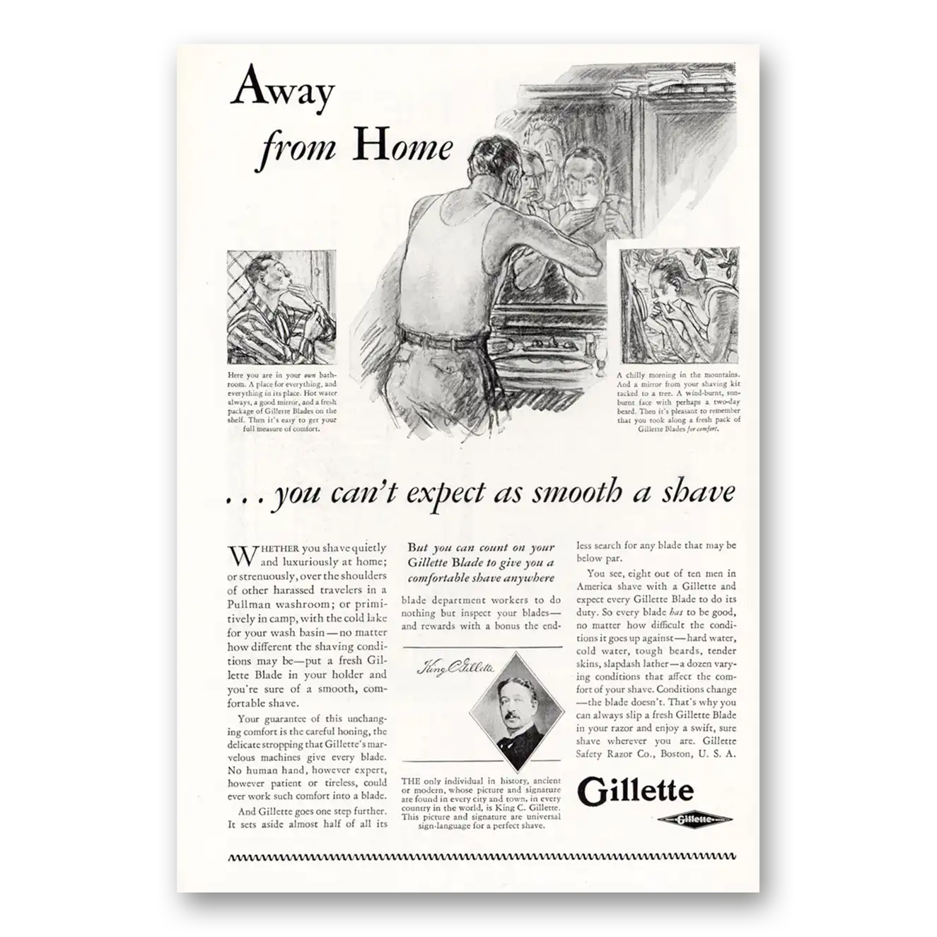 1929 Gillette Razor Blades Away From Home You Can't Expect As Smooth a Shave Vintage Magazine Print Ad