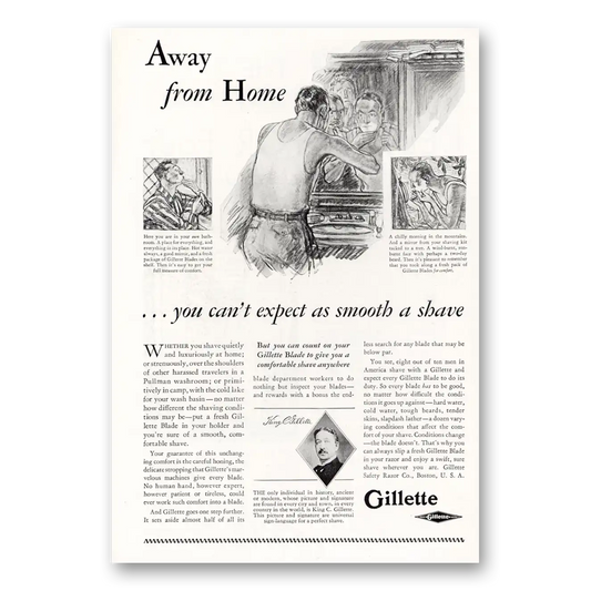 1929 Gillette Razor Blades Away From Home You Can't Expect As Smooth a Shave Vintage Magazine Print Ad