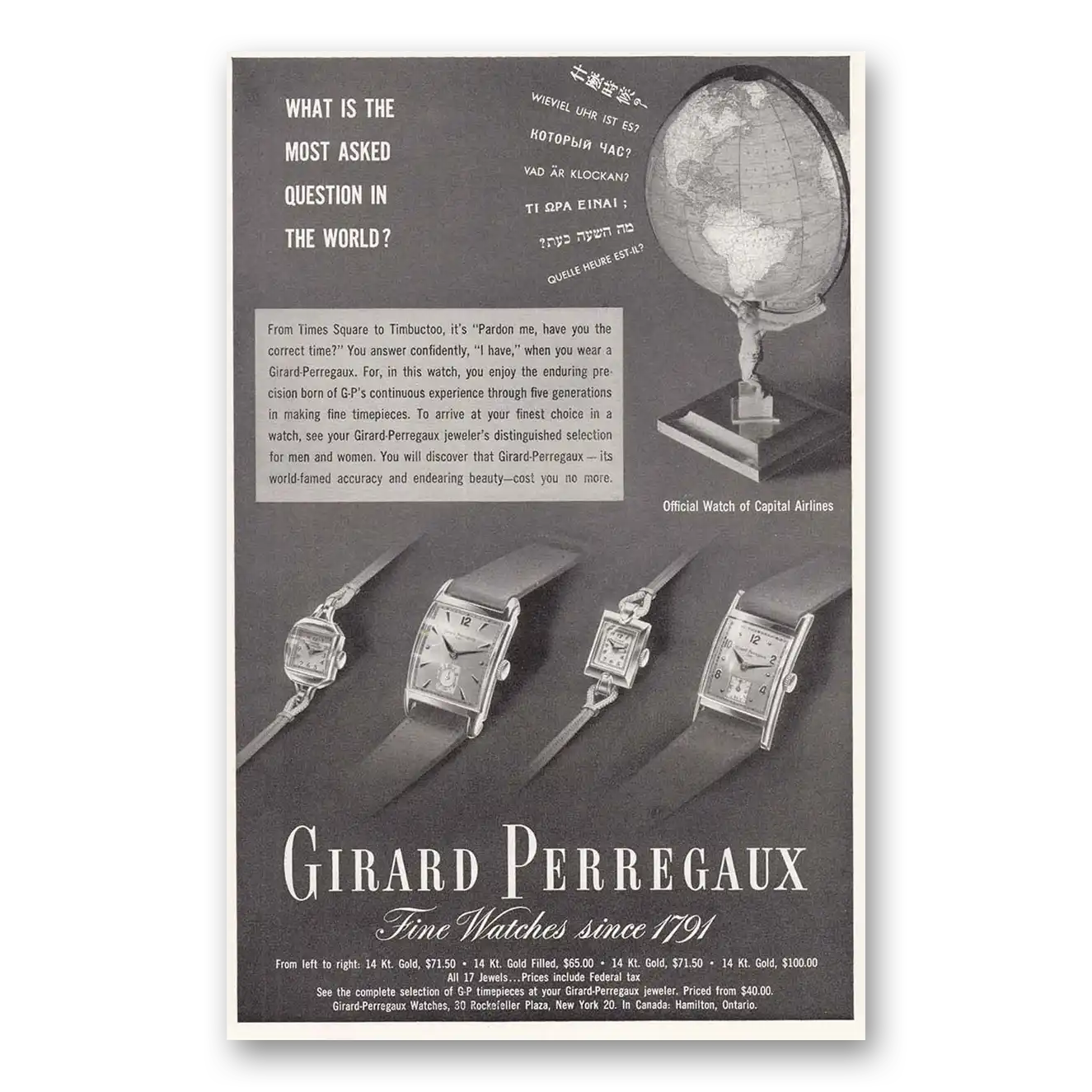 1949 Girard Perregaux Watches Most Asked Question Vintage Magazine Print Ad