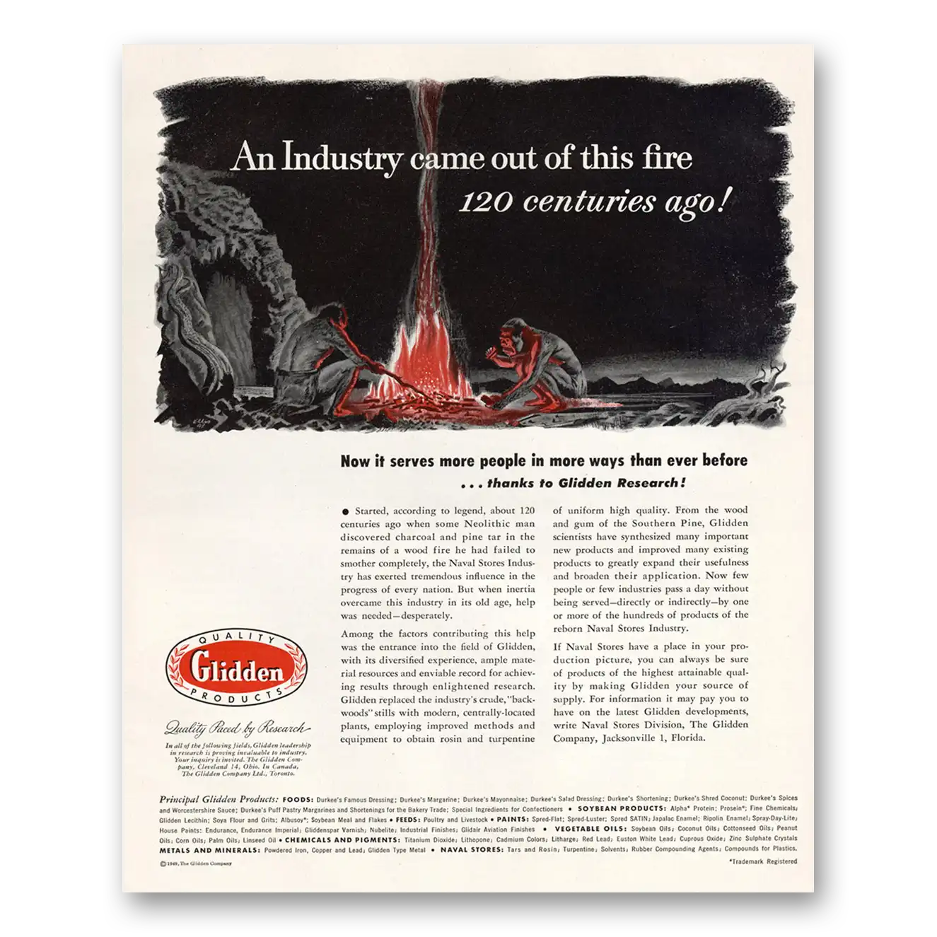 1949 Glidden Industry Came Out of This Fire 120 Centuries Ago Vintage Magazine Print Ad