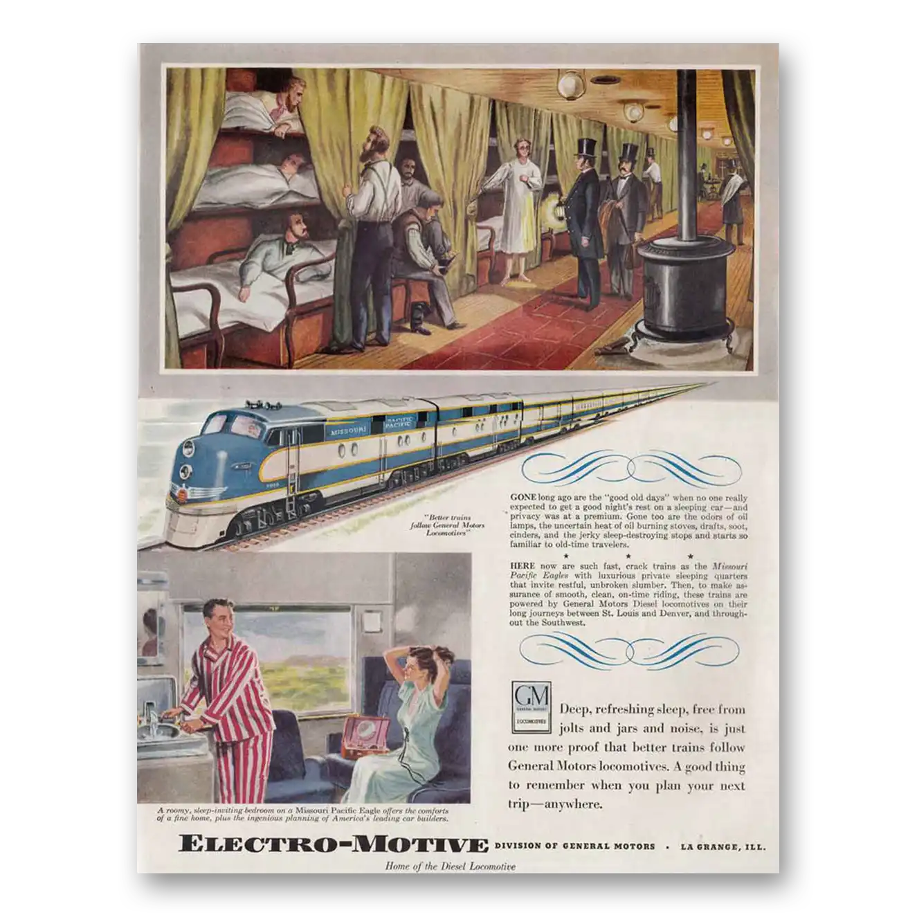 1949 GM Electro Motive Deep Refreshing Sleep Vintage Magazine Print Ad