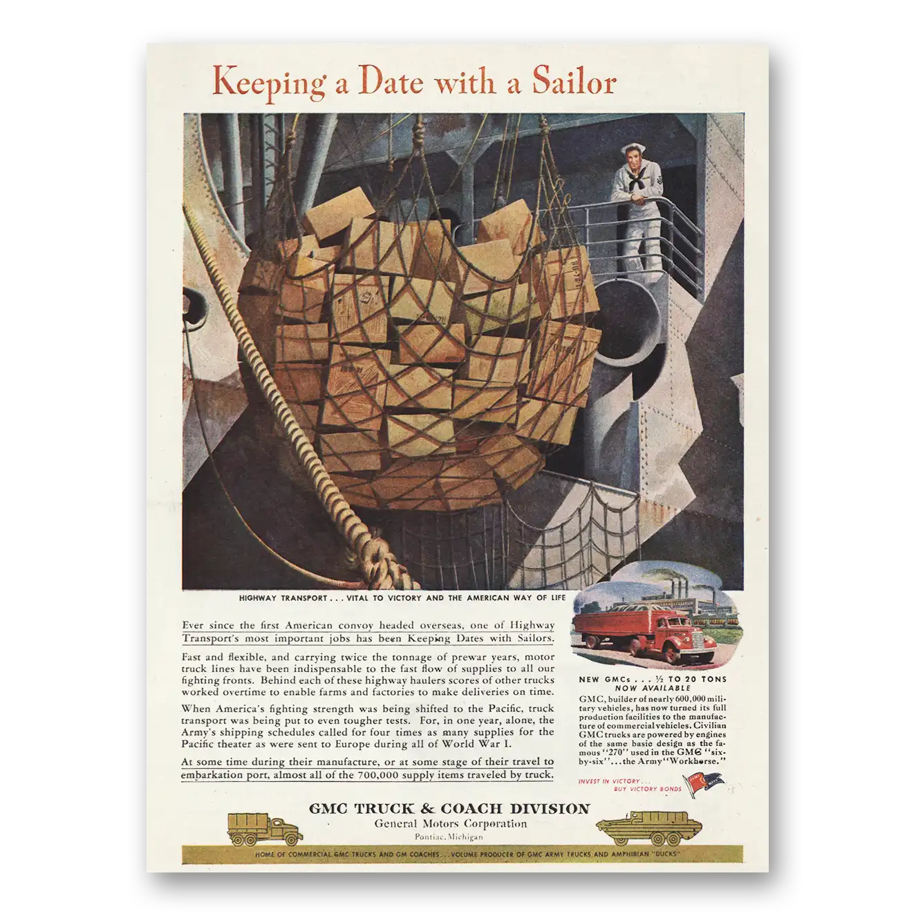 1949 GMC Trucks Keeping Date With Sailor Vintage Magazine Print Ad