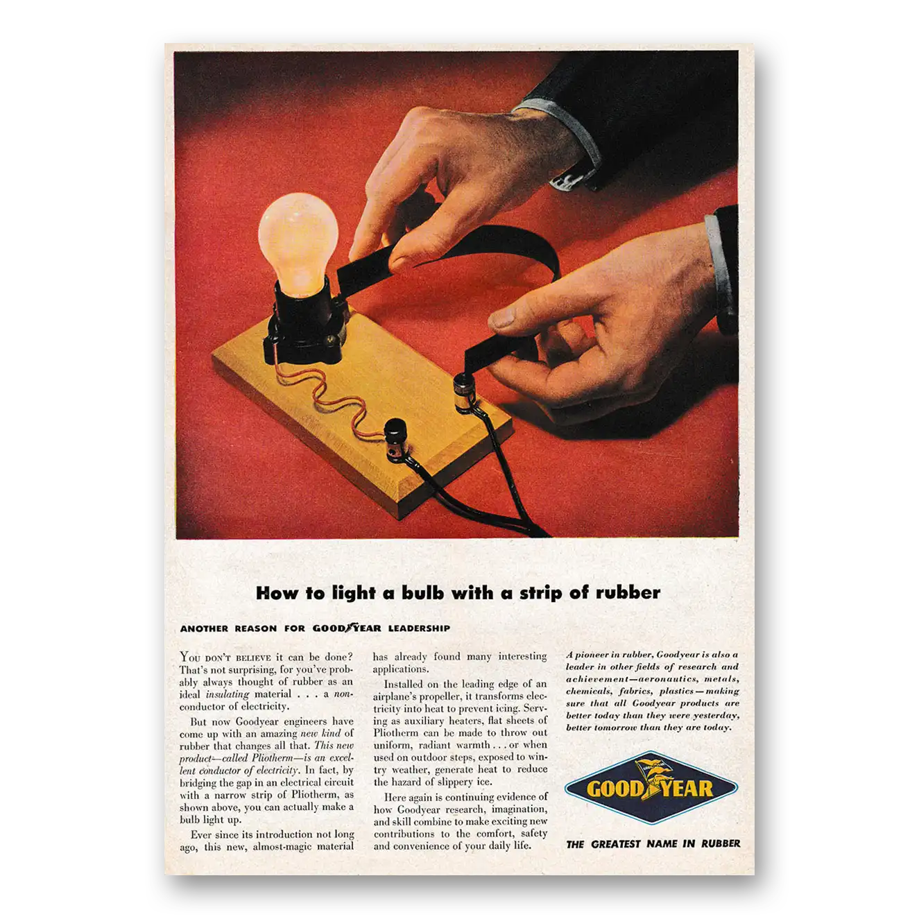 1949 Goodyear Tires How to Light a Bulb With a Strip of Rubber Vintage Magazine Print Ad