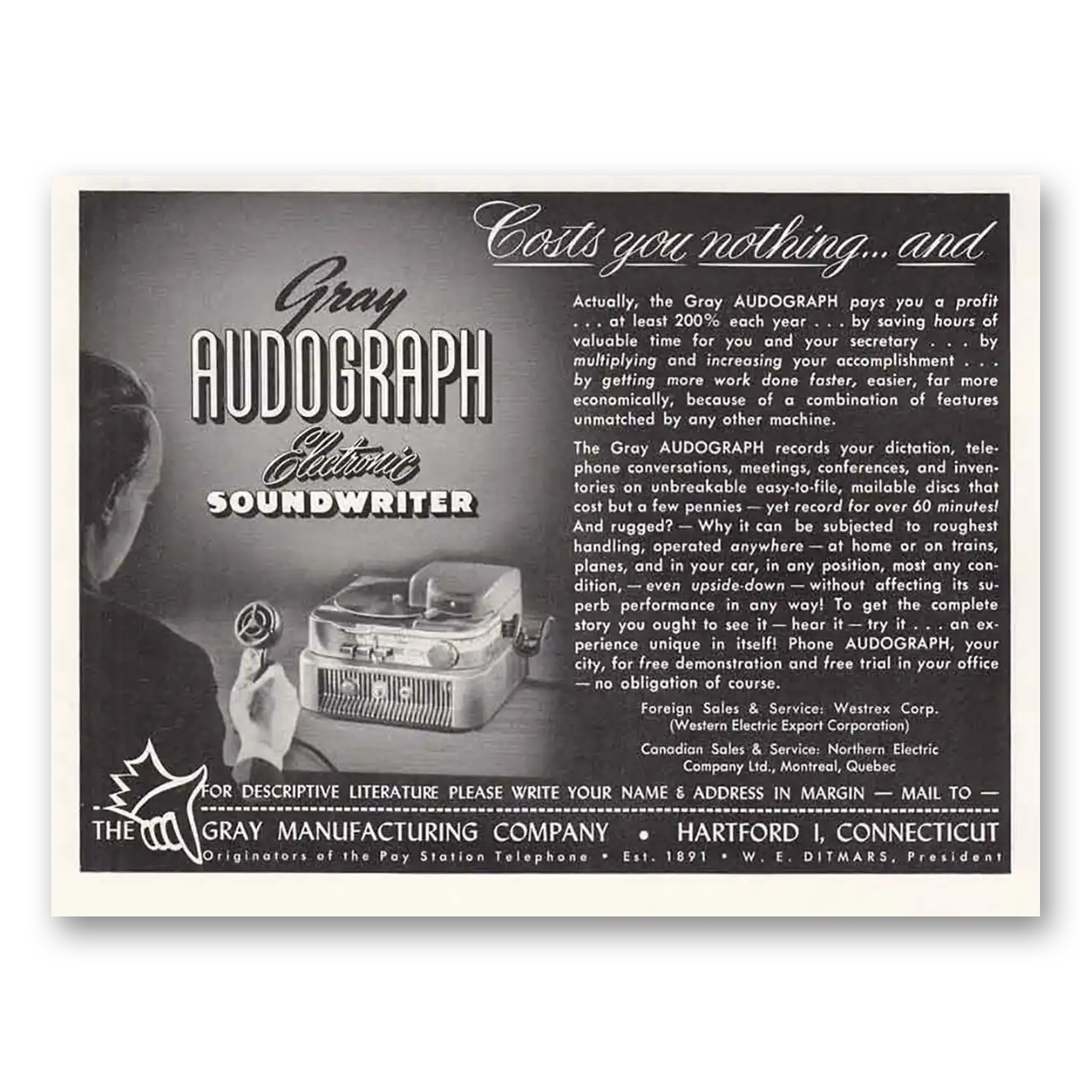 1949 Gray Manufacturing Audograph Electric Soundwriter Vintage Magazine Print Ad