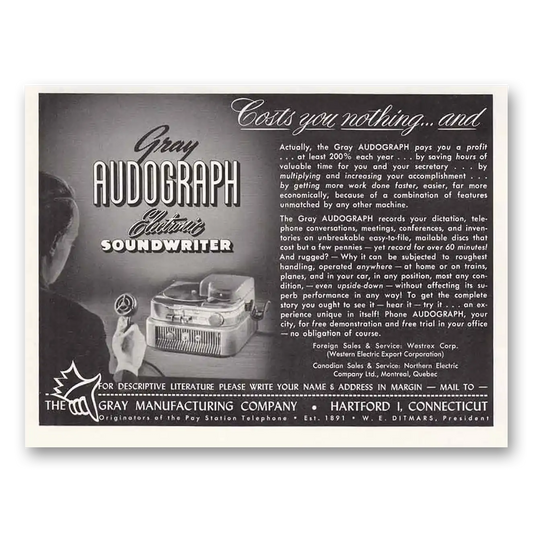 1949 Gray Manufacturing Audograph Electric Soundwriter Vintage Magazine Print Ad