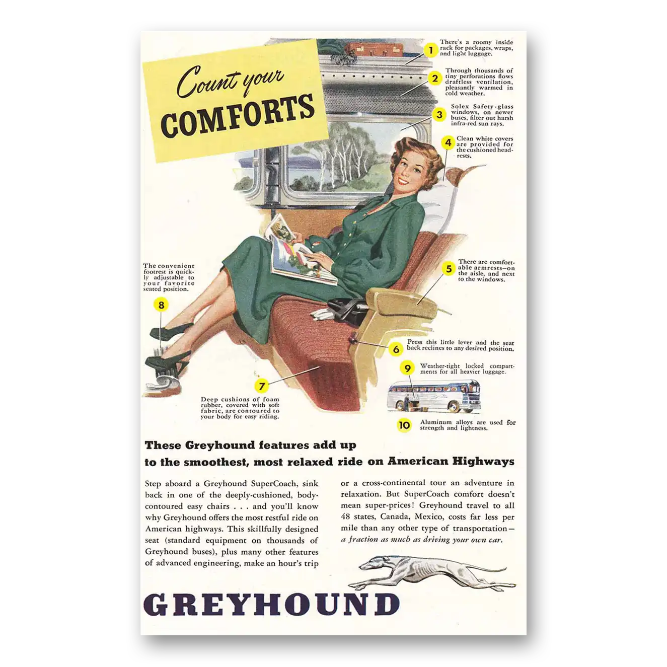 1949 Greyhound Count your Comforts Vintage Magazine Print Ad